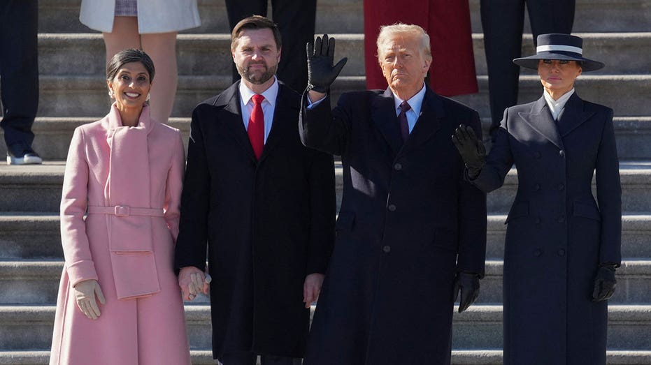 Second Lady Usha Vance, Vice President JD Vance, President Donald Trump and First Lady Melania Trump participate in the departure ceremony of outgoing United States President Joe Biden and first lady Dr. Jill Biden on the East Front of the United States Capitol in Washington, DC. after Donald Trump's inauguration as President on January 20, 2025. Chris Kleponis/Ipuli via REUTERS