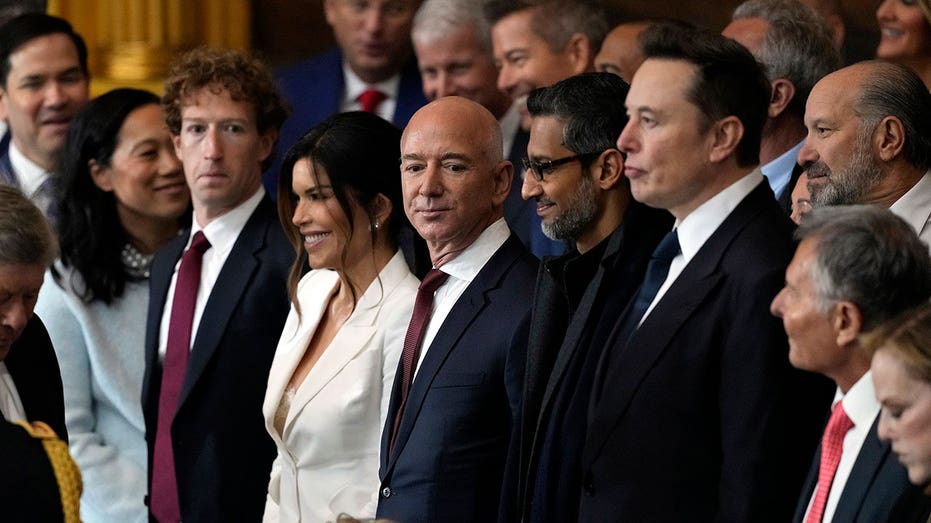 WASHINGTON, WASHINGTON - JANUARY 20: Guests including Mark Zuckerberg, Lauren Sanchez, Jeff Bezos, Sundar Pichai and Elon Musk attend the Donald J. Trump's inauguration in the Rotunda of the US Capitol on January 20, 2025 in Washington, D.C. Donald Trump is serving his second term as the 47th President of the United States. (Photo by Julia DeMarie Nichinson - Pool/Getty Images)