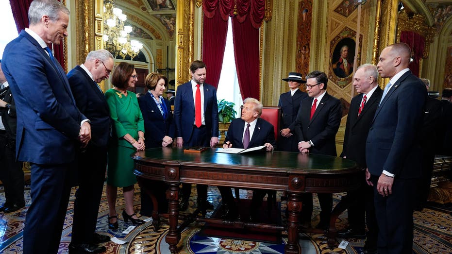 President Donald Trump takes part in a signing ceremony after his inauguration on Jan. 20, 2025, in the President's Room at the U.S. Capitol in Washington, D.C. Also in attendance are: Senate Majority Leader Sen. John Thune (R-S.D.), Senate Minority Leader Sen. Chuck Schumer (D-N.Y.), Sen. Deb Fischer (R-NE), Sen. Amy Klobuchar (D-MN), Vice President JD Vance, Melania Trump, House Speaker Mike Johnson (R-LA), House Majority Leader Steve Scalise (R-LA) and House Minority Leader Hakeem Jeffries (D-NY).