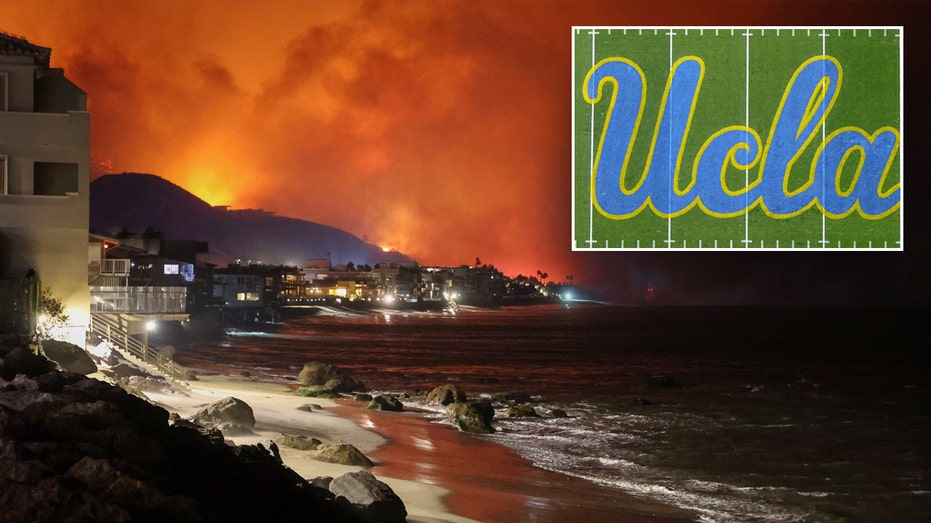 UCLA logo with wildfire coastline photo