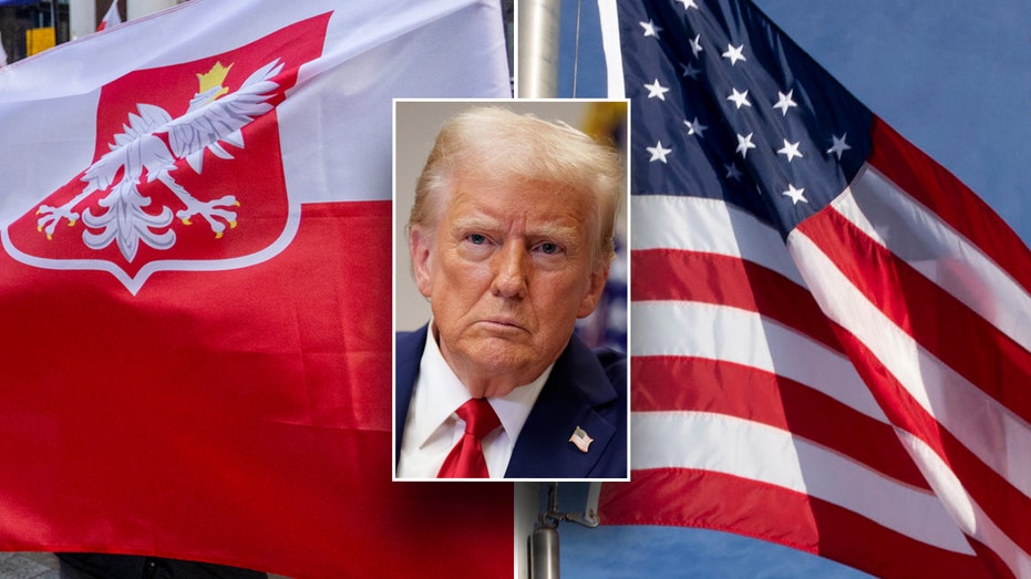 US and Poland flags and Donald Trump