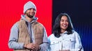 February 19, 2022; Cleveland, OH, USA; Golden State Warriors guard Stephen Curry (30) and wife Ayesha Curry (right) during the 2022 NBA All-Star Saturday Night at Rocket Mortgage Field House.