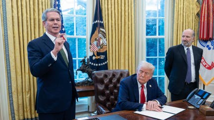 Scott Bessent, US Treasury secretary, left, speaks during an executive order signing ceremony with US President Donald Trump, center, and Howard Lutnick, chief executive officer of Cantor Fitzgerald LP and US commerce secretary nominee, in the Oval Office of the White House in Washington, DC, US, on Monday, Feb. 3, 2025. President Donald Trump signed an executive action he said would direct officials to create a sovereign wealth fund for the US, following through on an idea he floated during the presidential campaign. 
