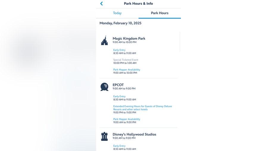 Walt Disney World Magic Kingdom hours from app