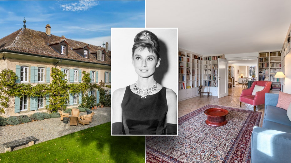 An inset of Audrey Hepburn with a split of her home.