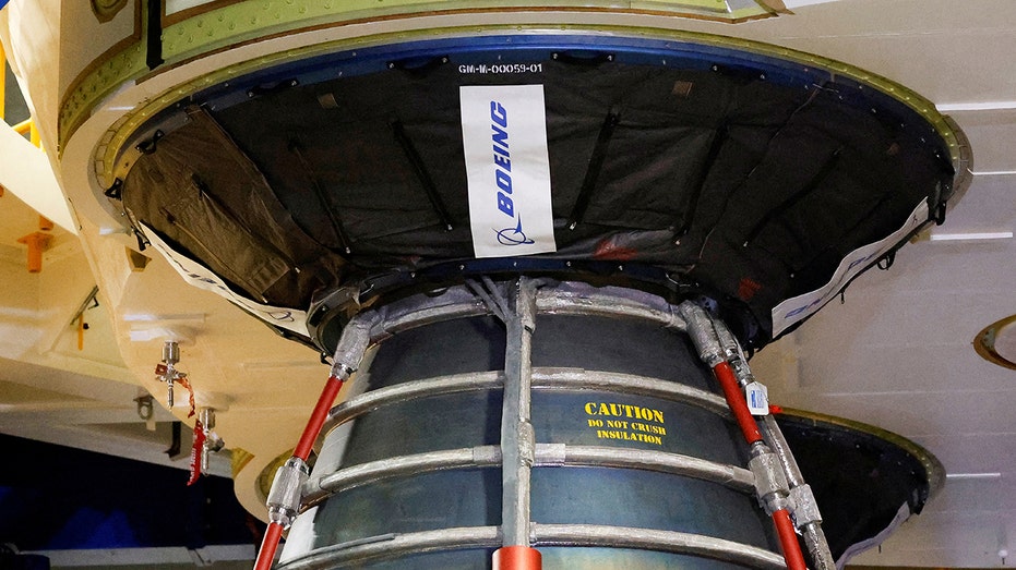 One of four main engine nozzles is shown on the core stage of the Space Launch System rocket for Artemis II at a NASA Artemis Media event at the Kennedy Space Center in Cape Canaveral