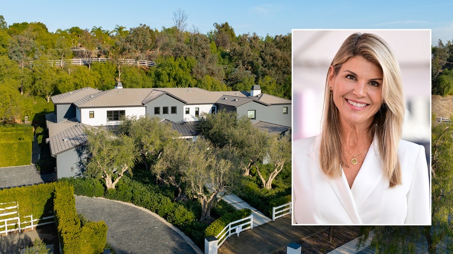 aerial view of lori loughlin's house with inset of lori 