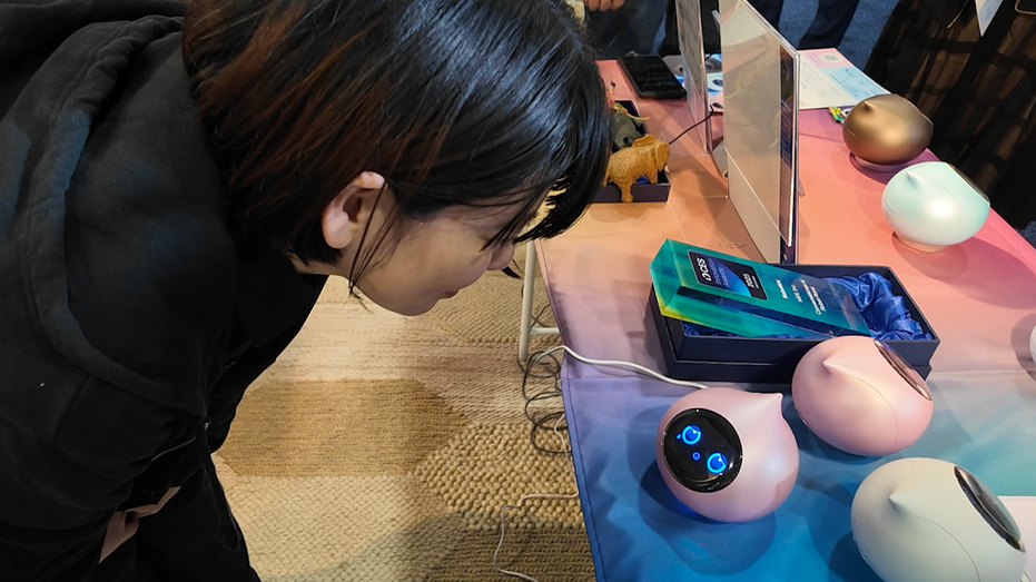 A woman speaks to a tiny pink robot.