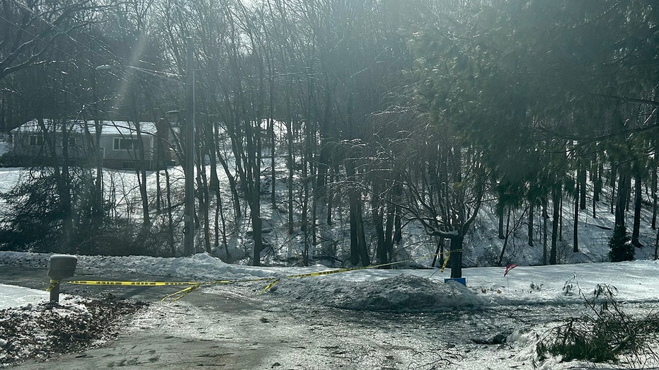 A Connecticut road is closed on Feb. 17 after strong winds toppled trees and knocked out power for thousands across the East Coast.