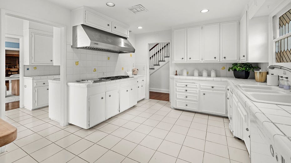 The all-white kitchen features plenty of counter space and lemons painted on the white backsplash.