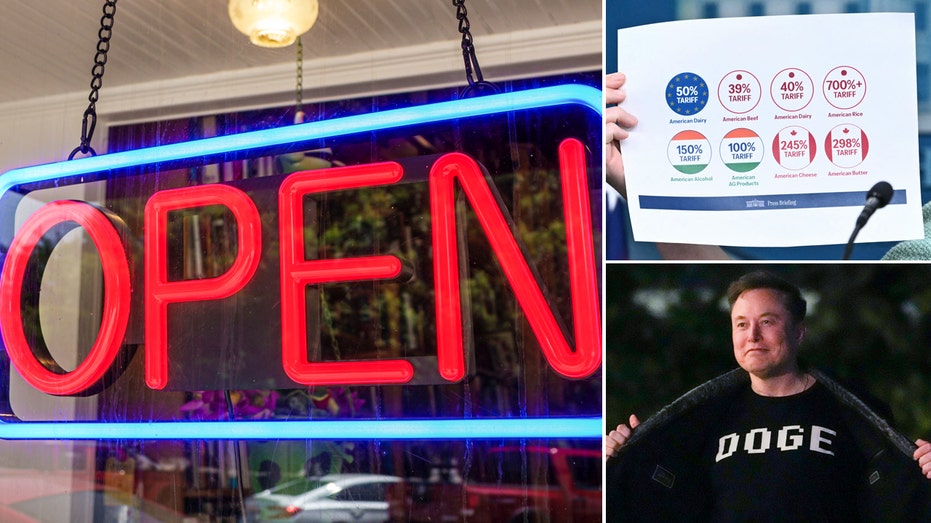 Open sign, Tariff posters and Doge shirt elon musk