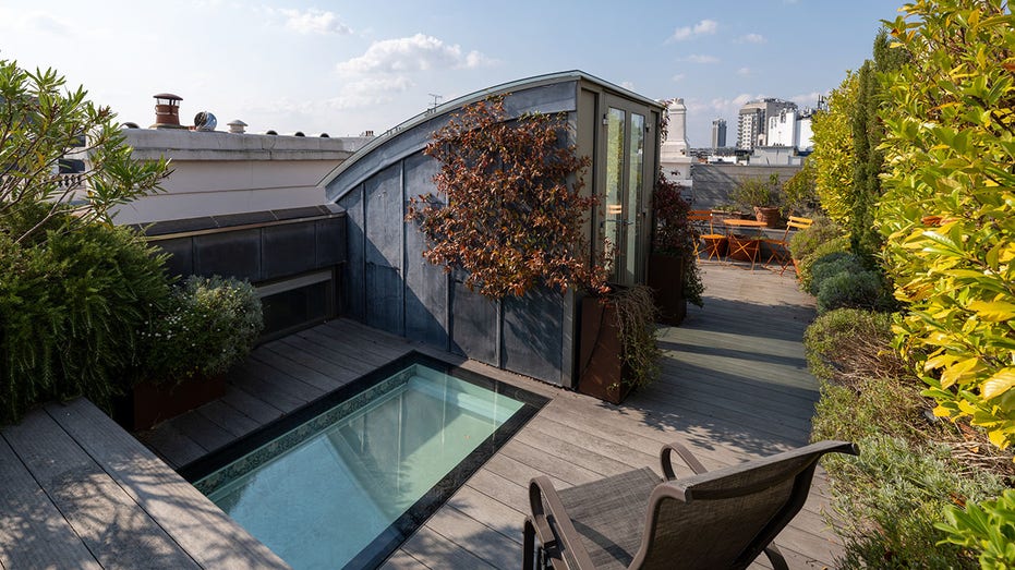 The penthouse also includes a rooftop terrace with an outdoor seating area and a small dipping pool.