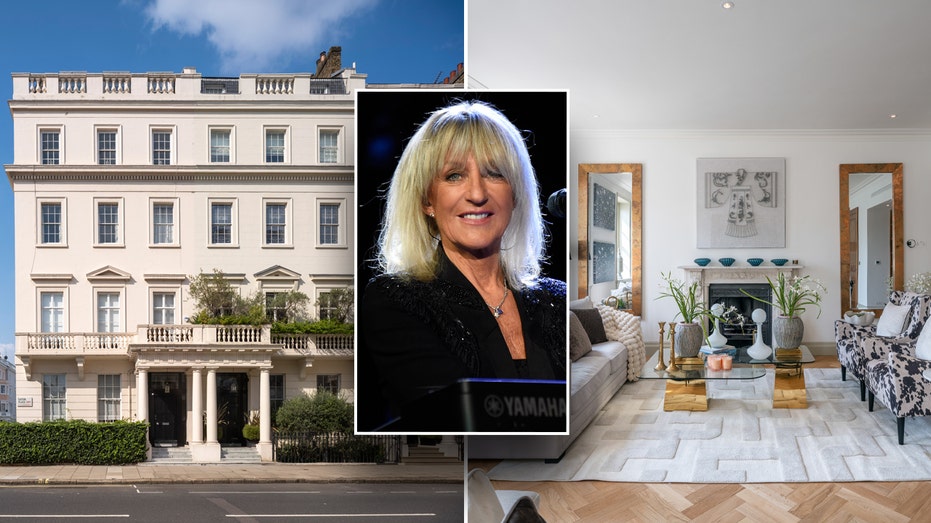 The exterior and interior of Christine McVie's penthouse, with a photo of her in the center.