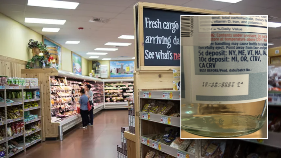 A split image of Gerolsteiner's shining water bottle and TJ store split image