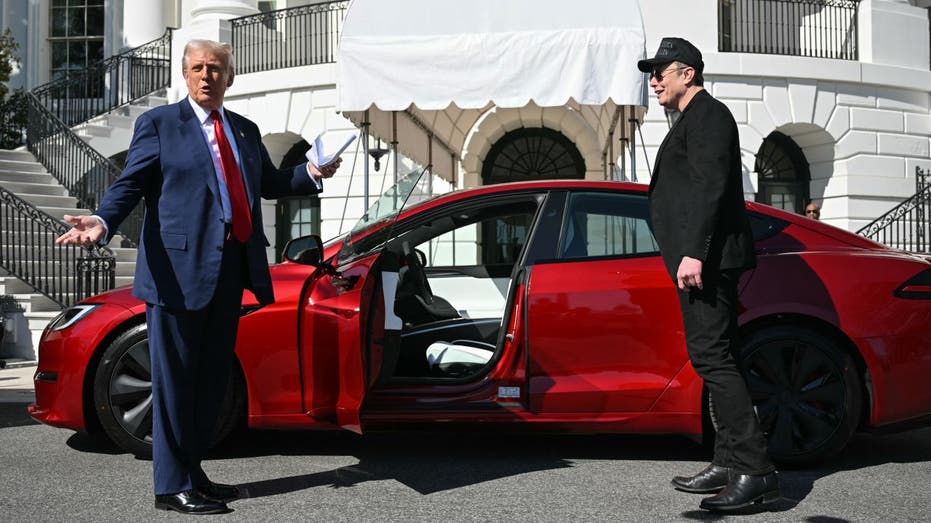 Donald Trump and Elon Musk standing near a red Tesla outside the White House