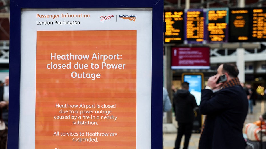 there is a man standing in front of a sign that says heathrow airport closed due to power out