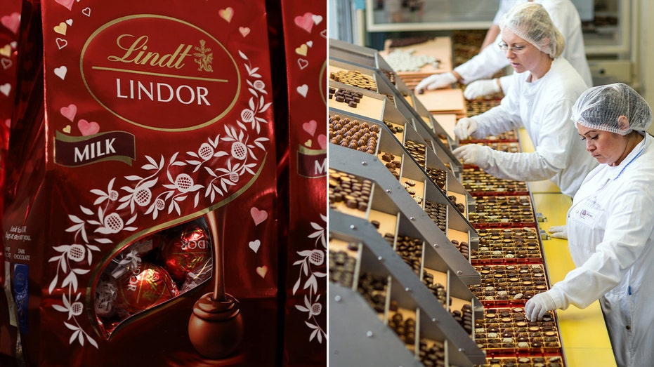 split photo of lindt lindor chocolate package and a lindt packaging facility