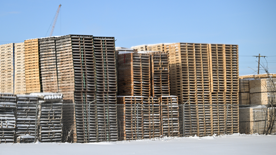 A stack of lumber in Edmonton, Canada.