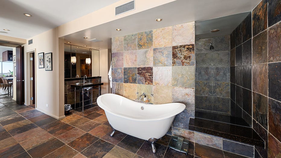 The ensuite bathroom features a soaking tub and standing shower.