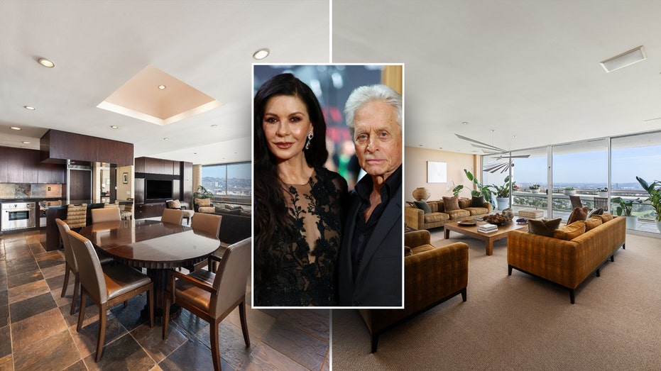 Michael Douglas and Catherine Zeta-Jones inset over a split of their former home.