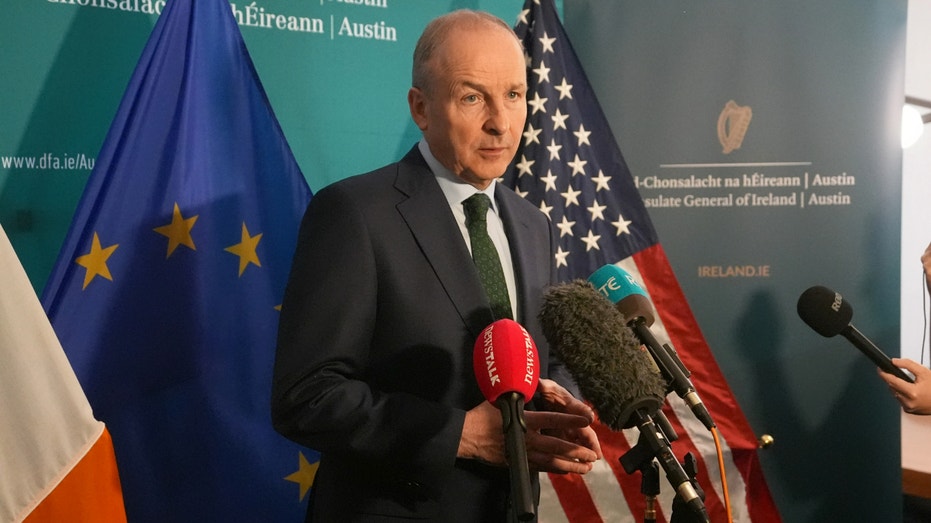 Taoiseach Micheal Martin speaking to the media in Austin, Texas, on March 11, 2025, as his week long visit to the US continues.