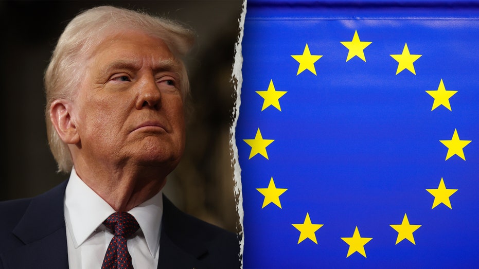 Left: President Donald Trump; Right: EU symbol