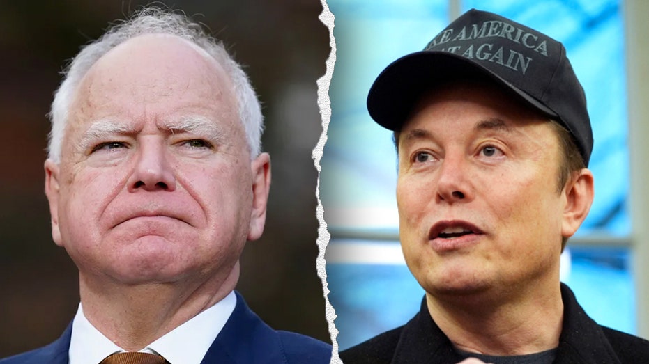 Split image of Tim Walz and Elon Musk