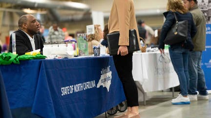 Attendees at a job and resource fair hosted by the Asheville Area Chamber of Commerce in partnership with NCWorks in Fletcher, North Carolina, US, on Wednesday, April 9, 2025. The Department of Labor is scheduled to release initial jobless claims figures on April 10.  - Fox Business News