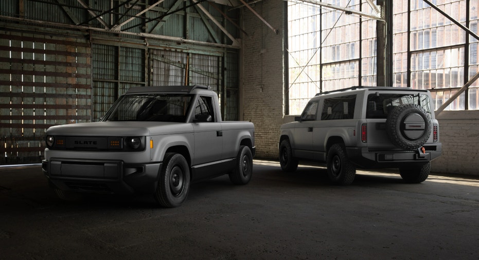 The Slate Auto electric vehicle in the standard pickup truck configuration and SUV version.