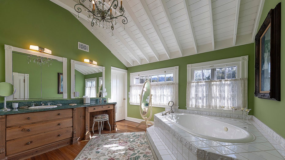 One of the ensuite bathrooms features green walls, a large vanity and a bathtub.