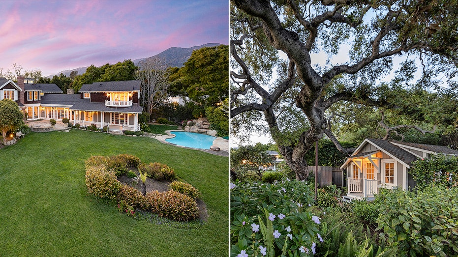 The backyard also features a shed and a swimming pool.