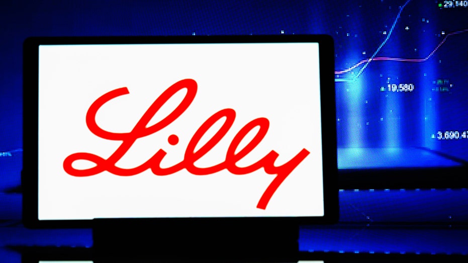 Eli Lilly logo in front of stock market