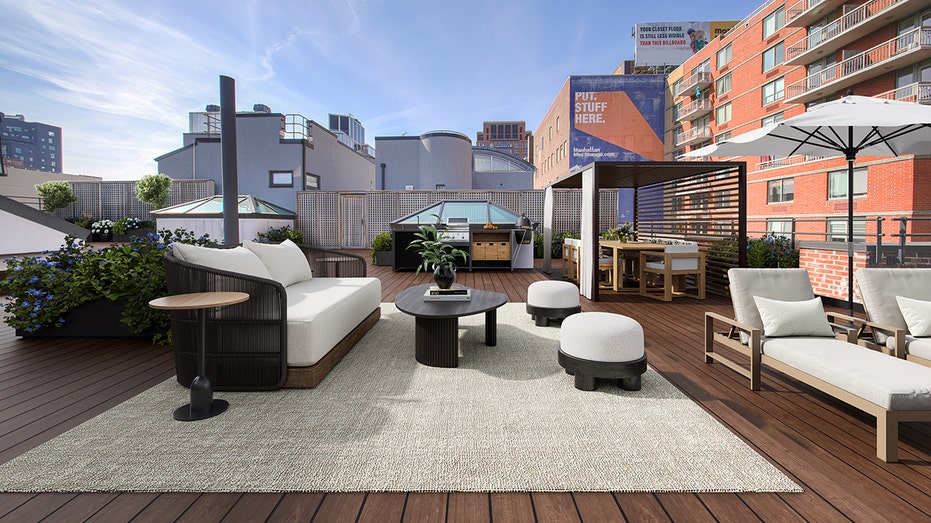 The outdoor terrace features many lounge areas, as well as an outdoor kitchen and dining area.
