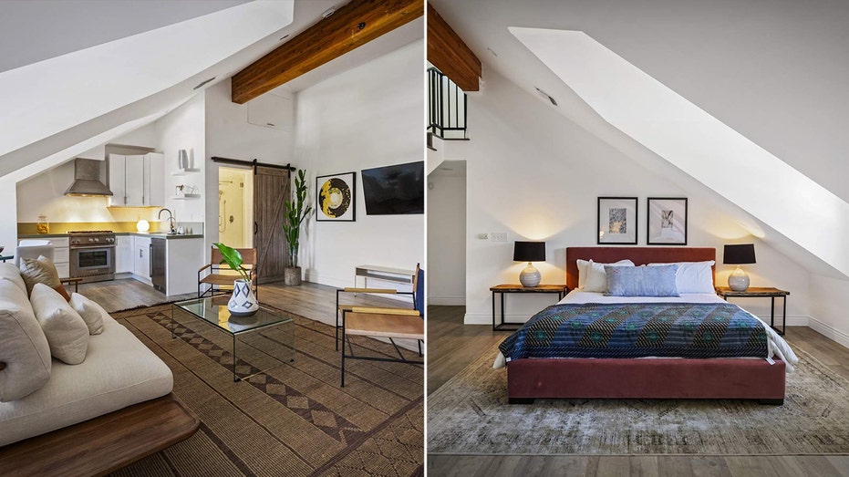 The additional dwelling unit boasts a kitchen, living room and a bed.