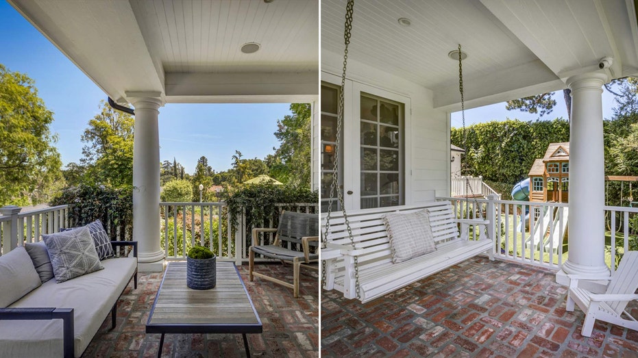 The covered front porch includes a seating area and a porch wing.