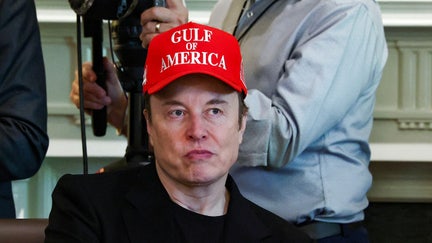 Tesla CEO Elon Musk wears a cap with the words "Gulf of America" as he attends a cabinet meeting held by President Donald Trump at the White House on Wednesday, April 30. 