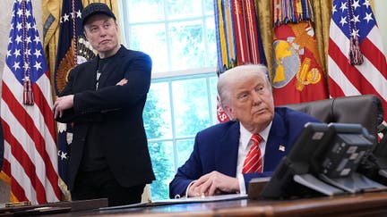 WASHINGTON, DC - MAY 30: Tesla CEO Elon Musk and U.S. President Donald Trump listen to a question from reporters in the Oval Office of the White House on May 30, 2025 in Washington, DC. Musk, who served as an adviser to Trump and led the Department of Government Efficiency, announced he would leave his role in the Trump administration to refocus on his businesses.  (Photo by Kevin Dietsch/Getty Images) - Fox Business News