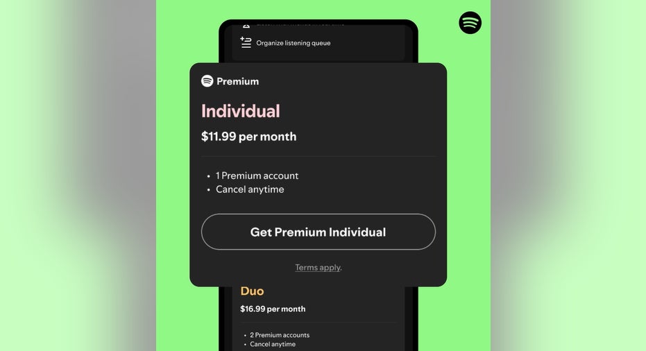 Screenshot of Spotify app showing the price of an individual plan