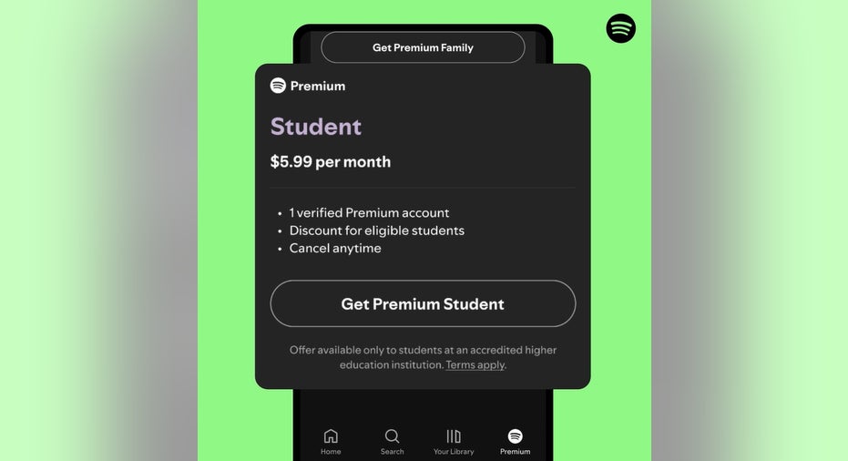Screenshot of Spotify app showing price of student plan