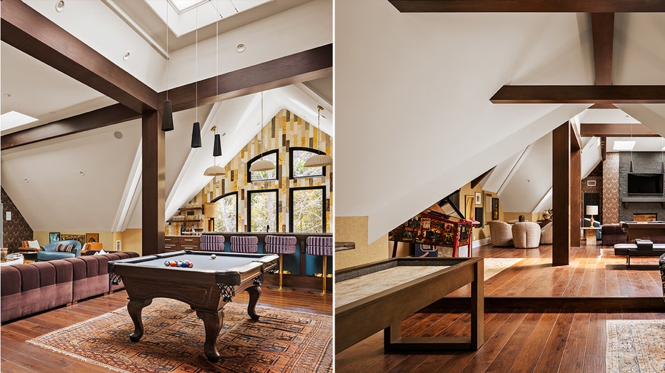The attic also features a pool table, as well as a pinball machine and shuffleboard table.