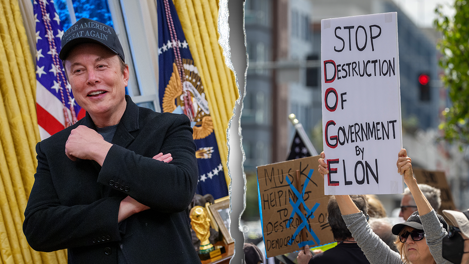 Elon Musk and protesters holding signs split image