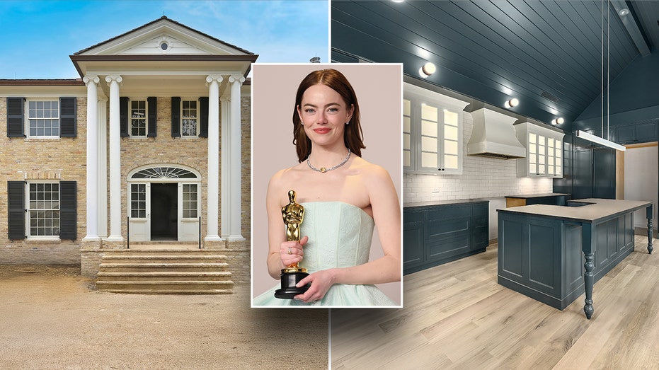 A piece of emma stone on a split of the exterior and interior of his house.