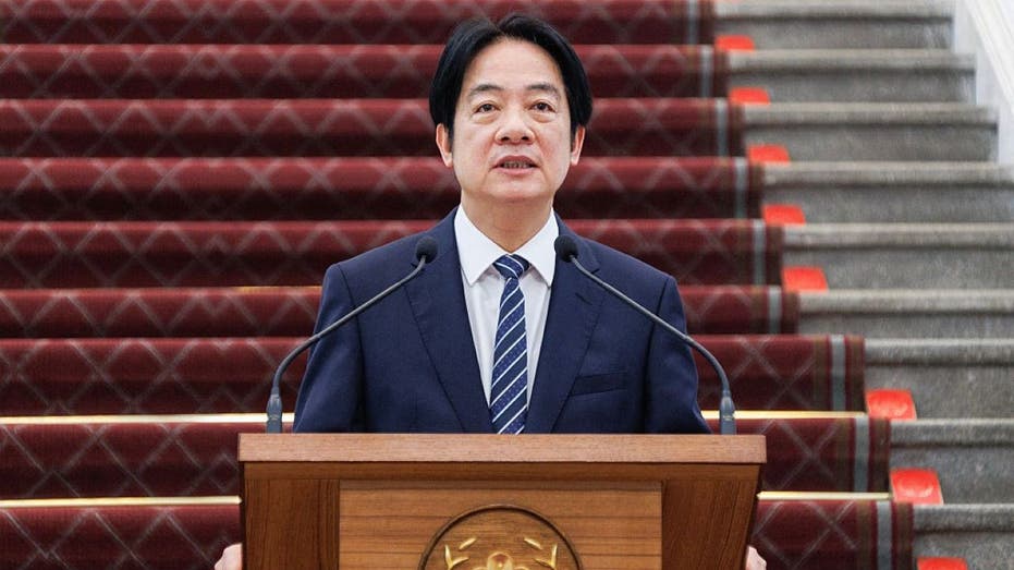 Taiwan's President Lai Ching-te delivers an address to mark the first anniversary of his inauguration at the Presidential Office in Taipei. Photo by CHENG YU-CHEN/AFP via Getty Images