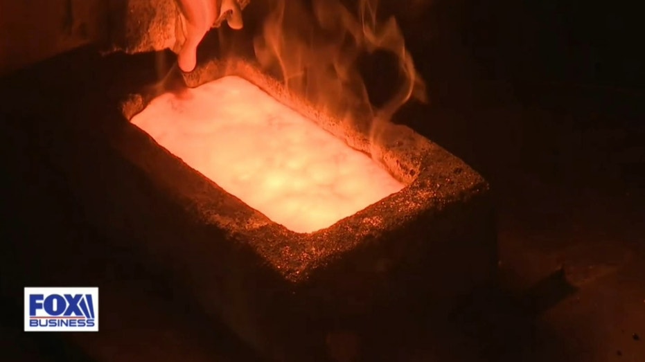 Part of the gold smelting process at A&M Precious Metals in Los Angeles.