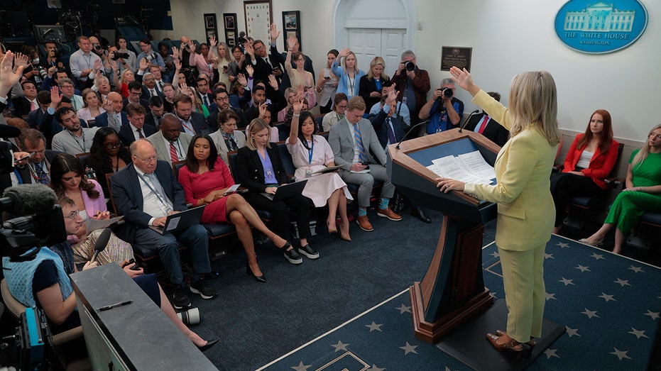 WH briefing room reporters raise hands as Leavitt calls on them