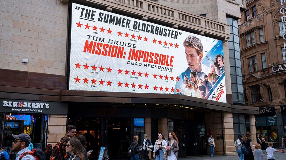 Poster for the action movie Mission Impossible: Dead Reckoning, starring Tom Cruise outside the Vue cinema in Leicester Square on 14th August 2023 in London, United Kingdom. Leicester Square is a pedestrianised square in the West End of London known for its many cinemas. (photo by Mike Kemp/In Pictures via Getty Images)