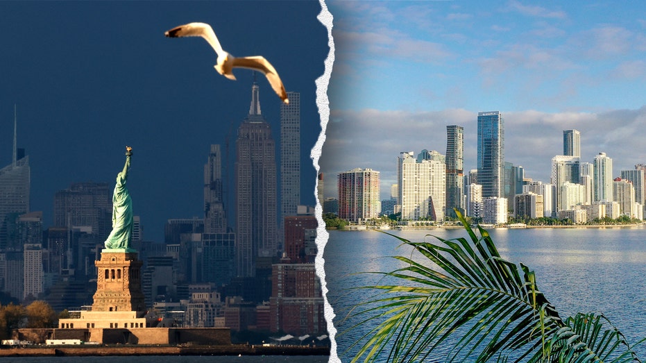 New York City skyline with Statue of Liberty and Miami skylines split image