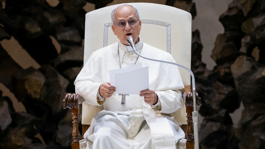 Pope Leo XIV holds an audience with representatives of the media in Paul VI hall at the Vatican, May 12, 2025.