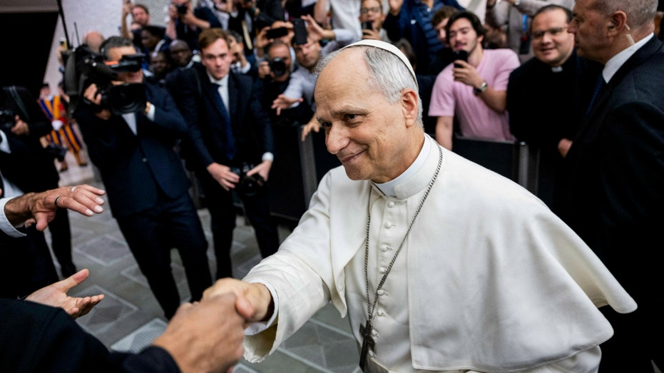 Pope Leo XIV shakes hand during an audience with representatives of the media in Paul VI hall at the Vatican, May 12, 2025.