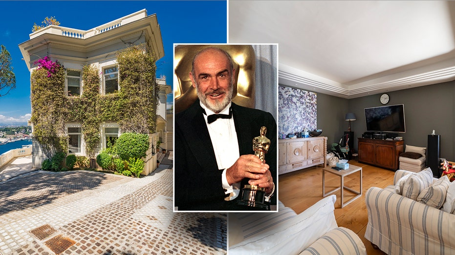 An inset of Sean Connery over a split of his home in France.